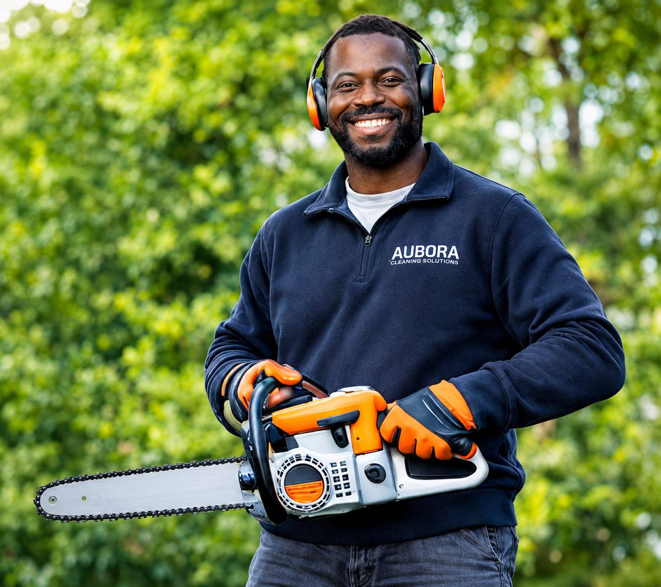 Aurora Property Maintenance technician holding a chainsaw